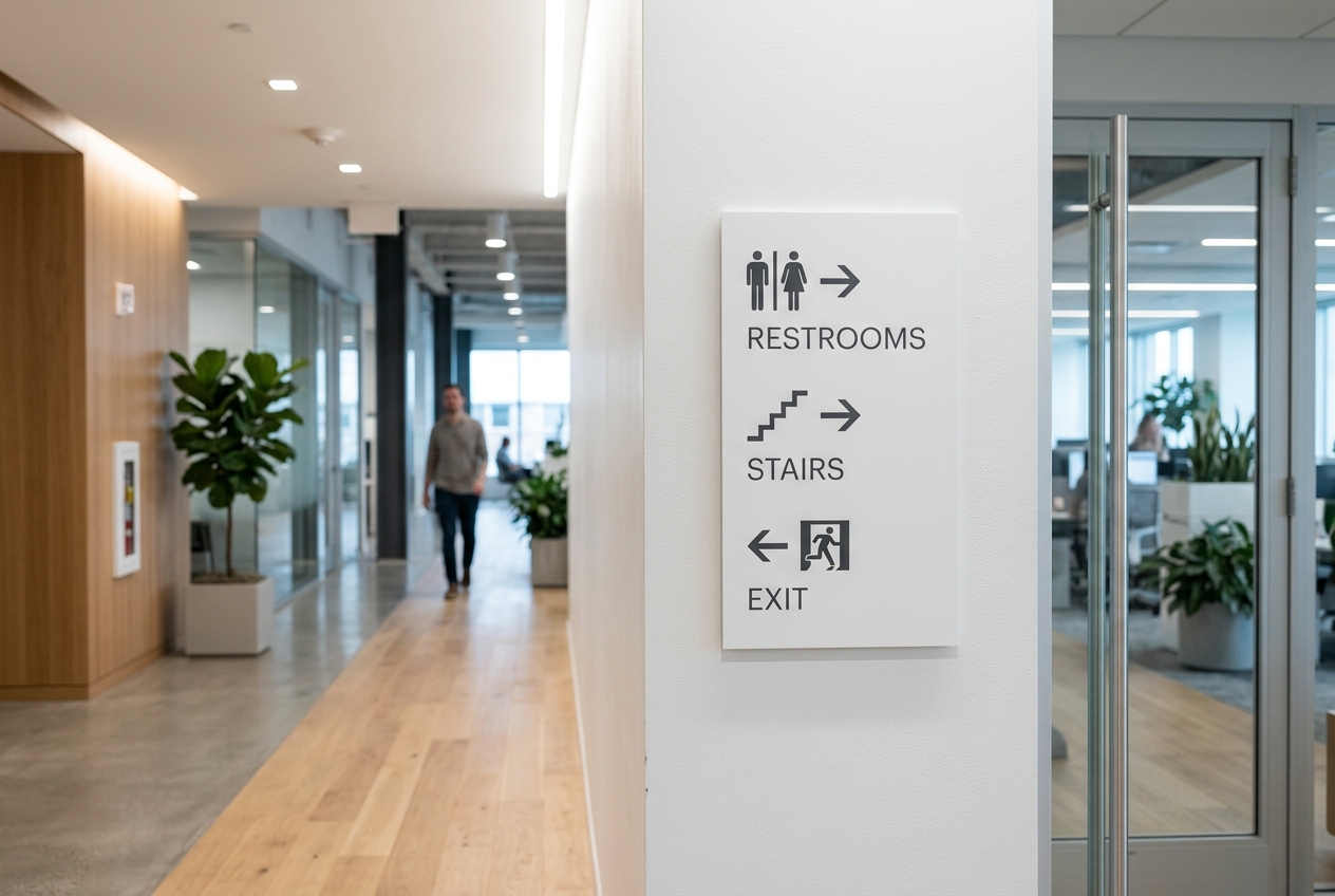 Señalética minimalista de salida y sanitarios en oficina
